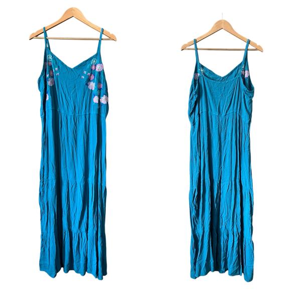Fourteenth Place Embroidered Floral Teal Green Blue Maxi Dress 3X Boho Coquette - Picture 1 of 7